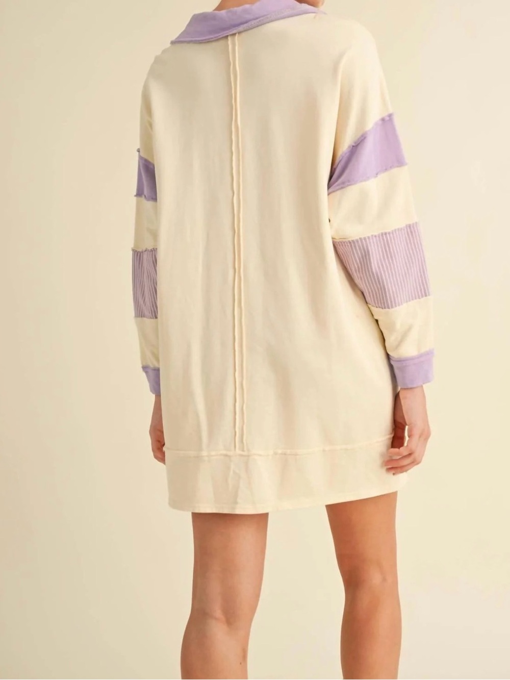 Long Sleeve Cream Shirt Dress with Lavender Polo Details - Picture 3 of 6